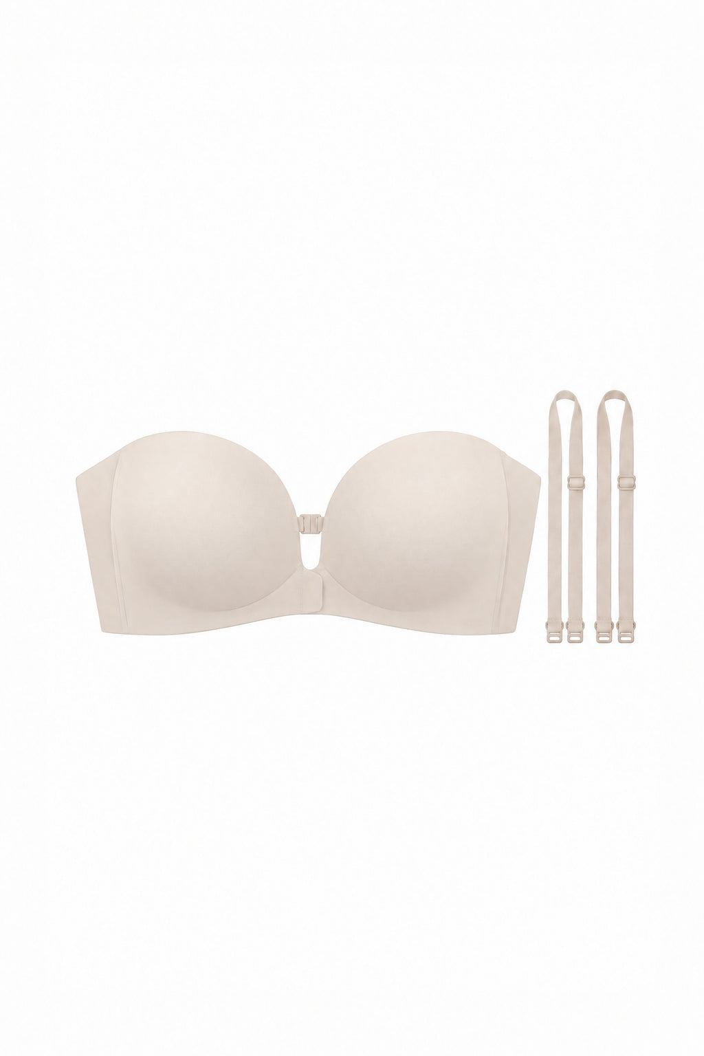 Strapless Front-Clasp Bra in Champagne, laid flat