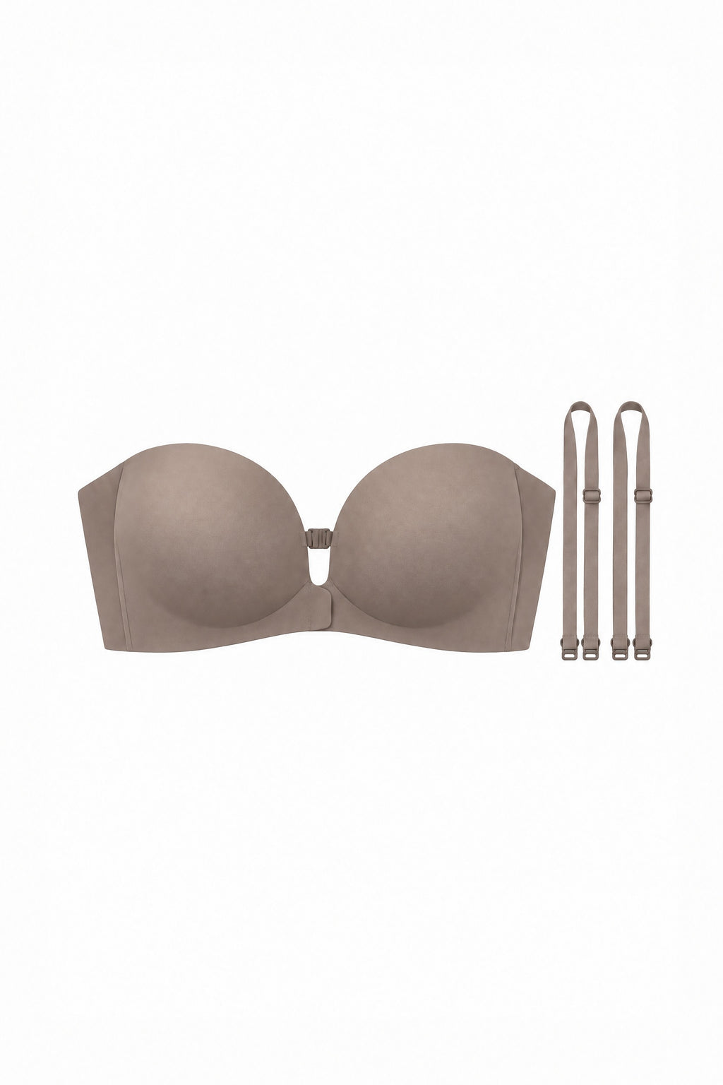 Strapless Front-Clasp Bra in Taupe, laid flat