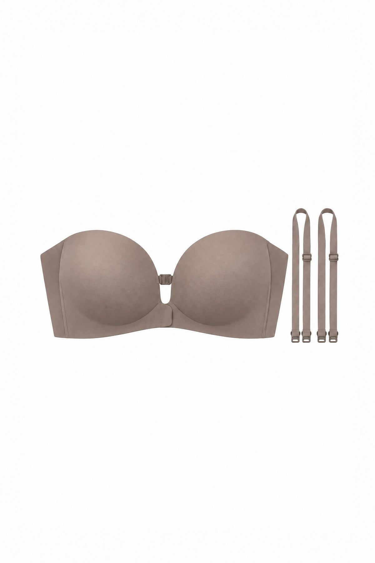 Strapless Front-Clasp Bra in Taupe, laid flat