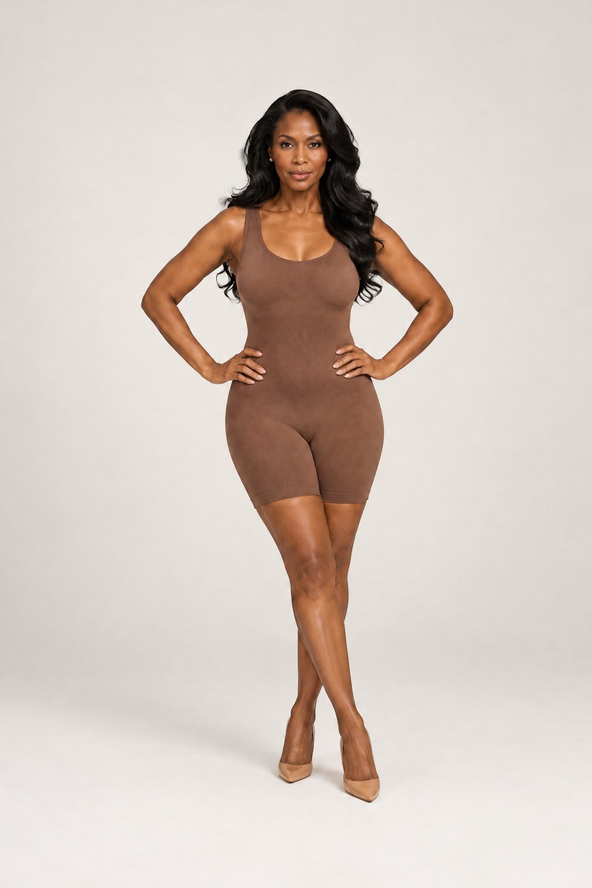 Seamless Tank Bodysuit in Brown, full length, front
