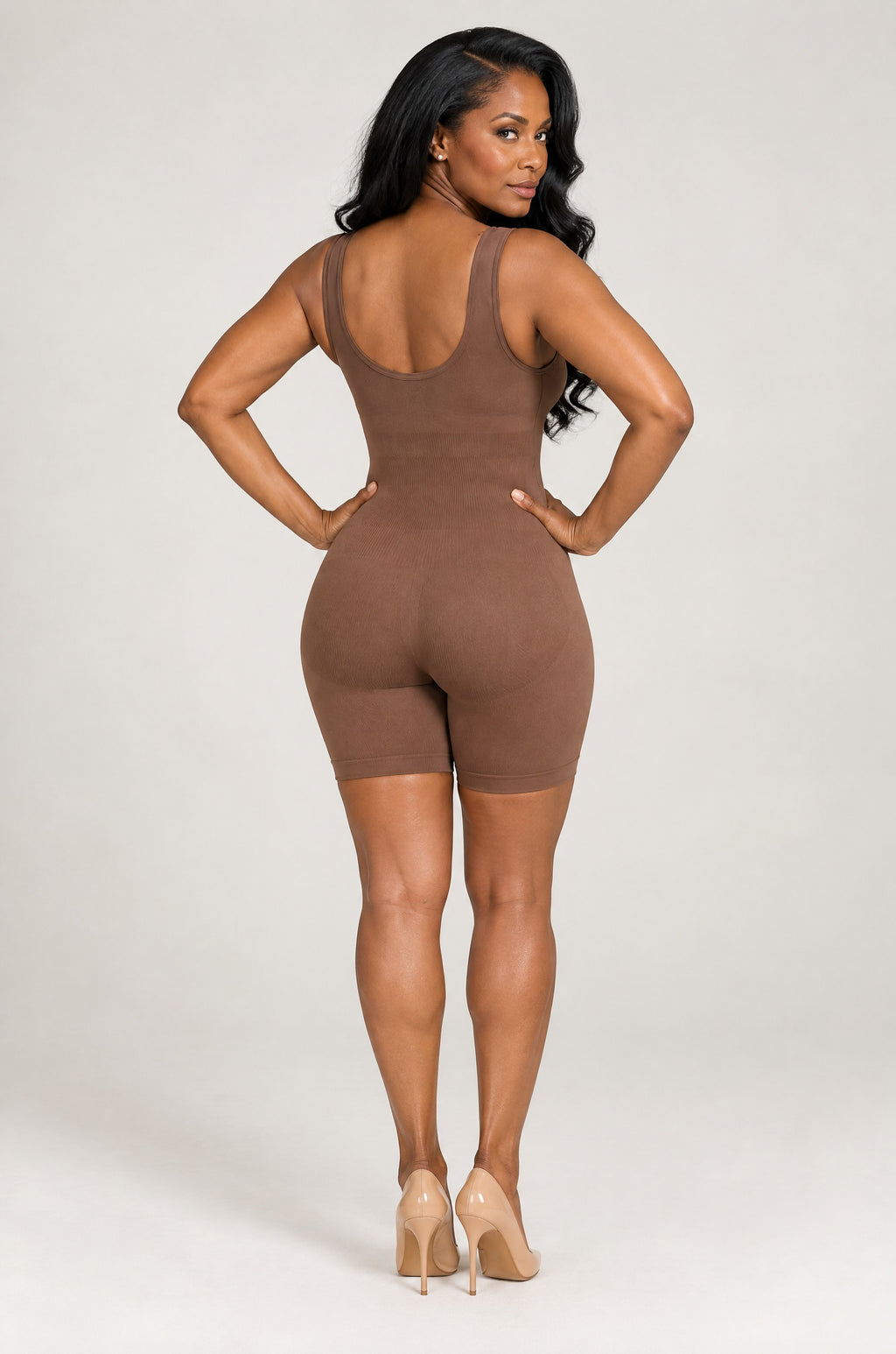 Seamless Tank Bodysuit in Brown, back, showing the scoop back and wide straps