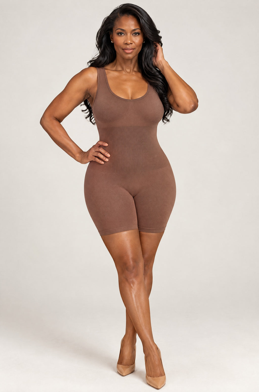 Seamless Tank Bodysuit in Brown, front, hand at her hair