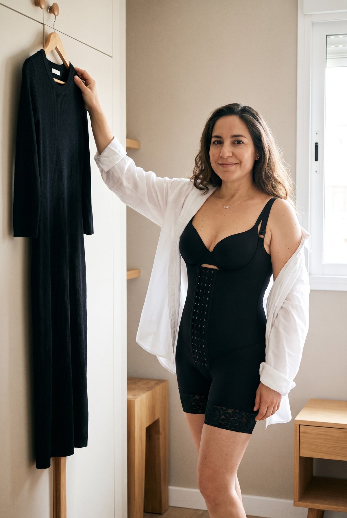 Hook-Front Bodysuit in Onyx, getting ready next to a dress on a hanger