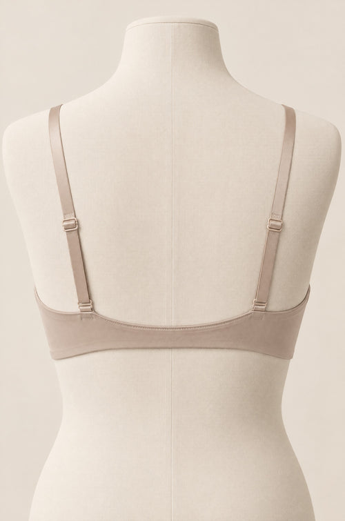 Front-Close T-Shirt Bra in Oat on a dress form, back view