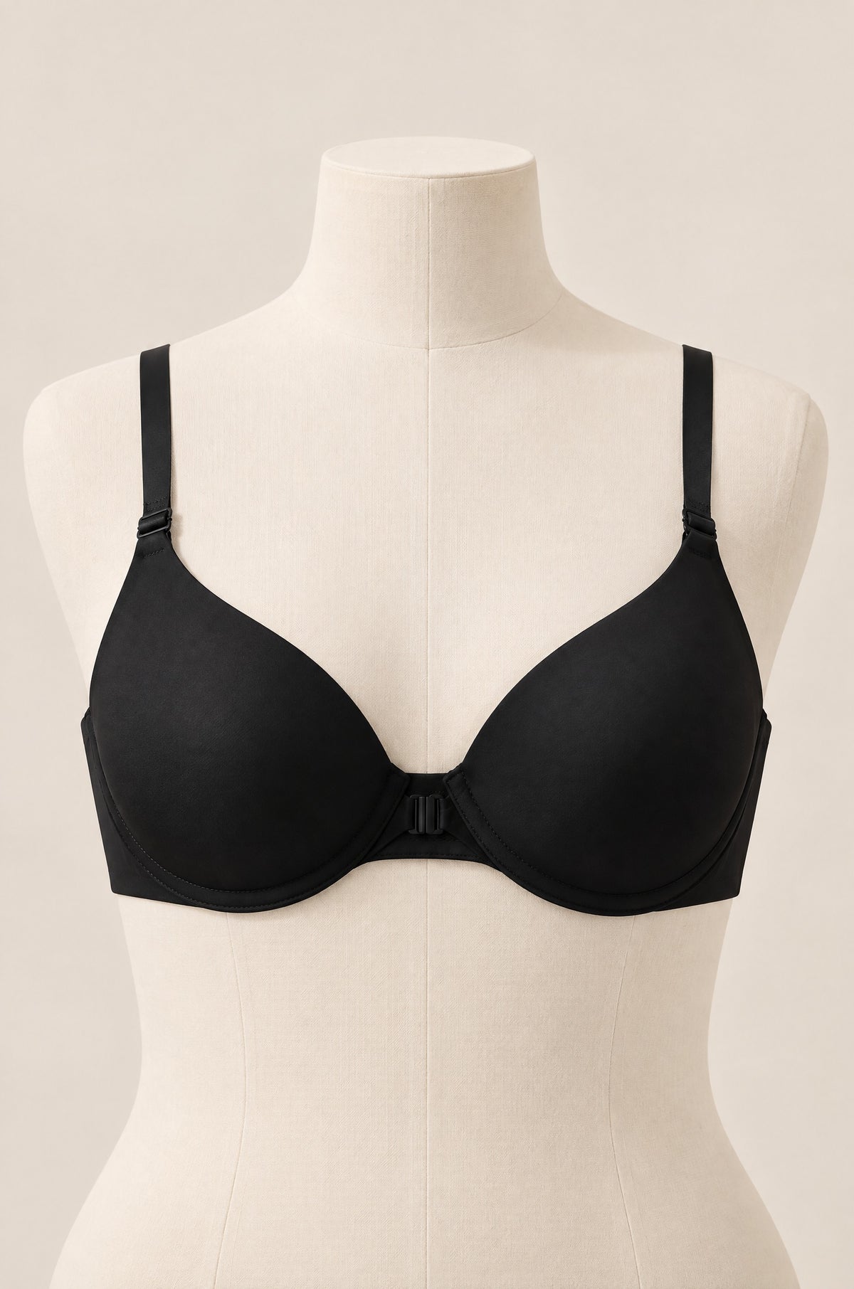 Front-Close T-Shirt Bra in Onyx on a dress form