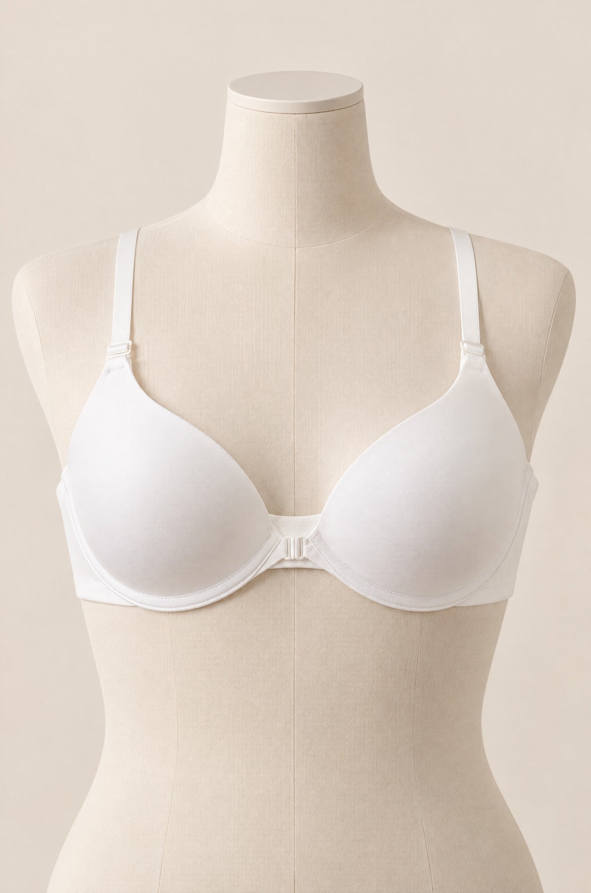 Front-Close T-Shirt Bra in White on a dress form