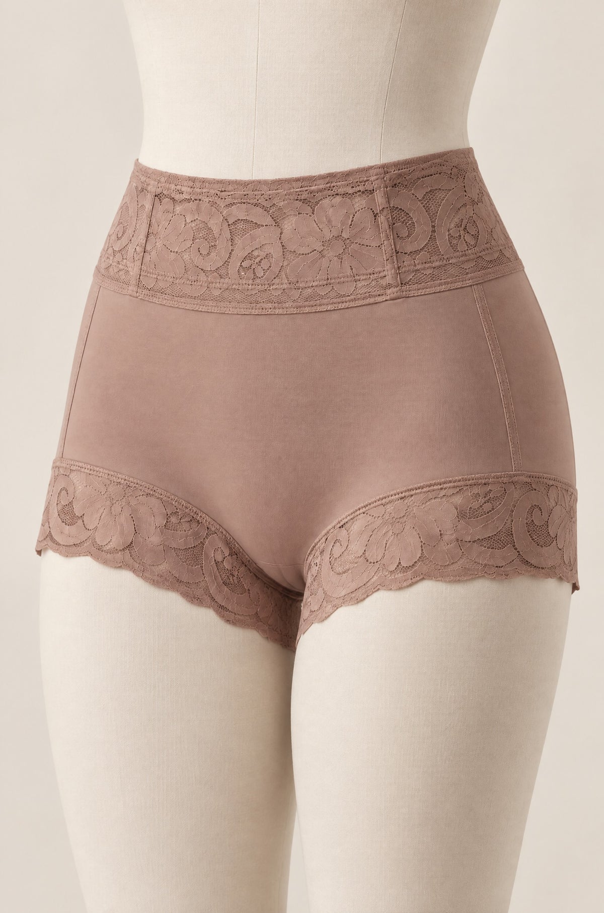 High-Waist Lace Boxer in Mocha on a dress form