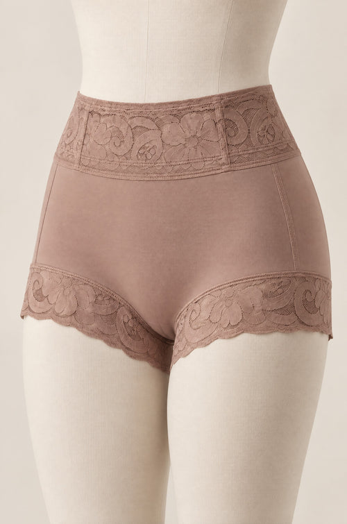 High-Waist Lace Boxer in Mocha on a dress form