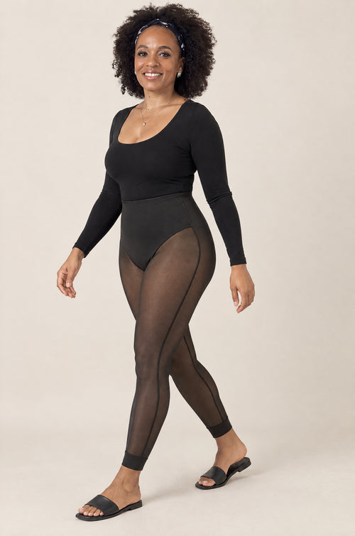 Sheer-Leg Shaping Legging in Onyx, full length, walking
