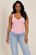 Zip-Front Shaping Vest in Pink, worn as a top with high-waisted jeans