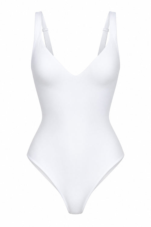 Plunge Thong Bodysuit in White, laid flat
