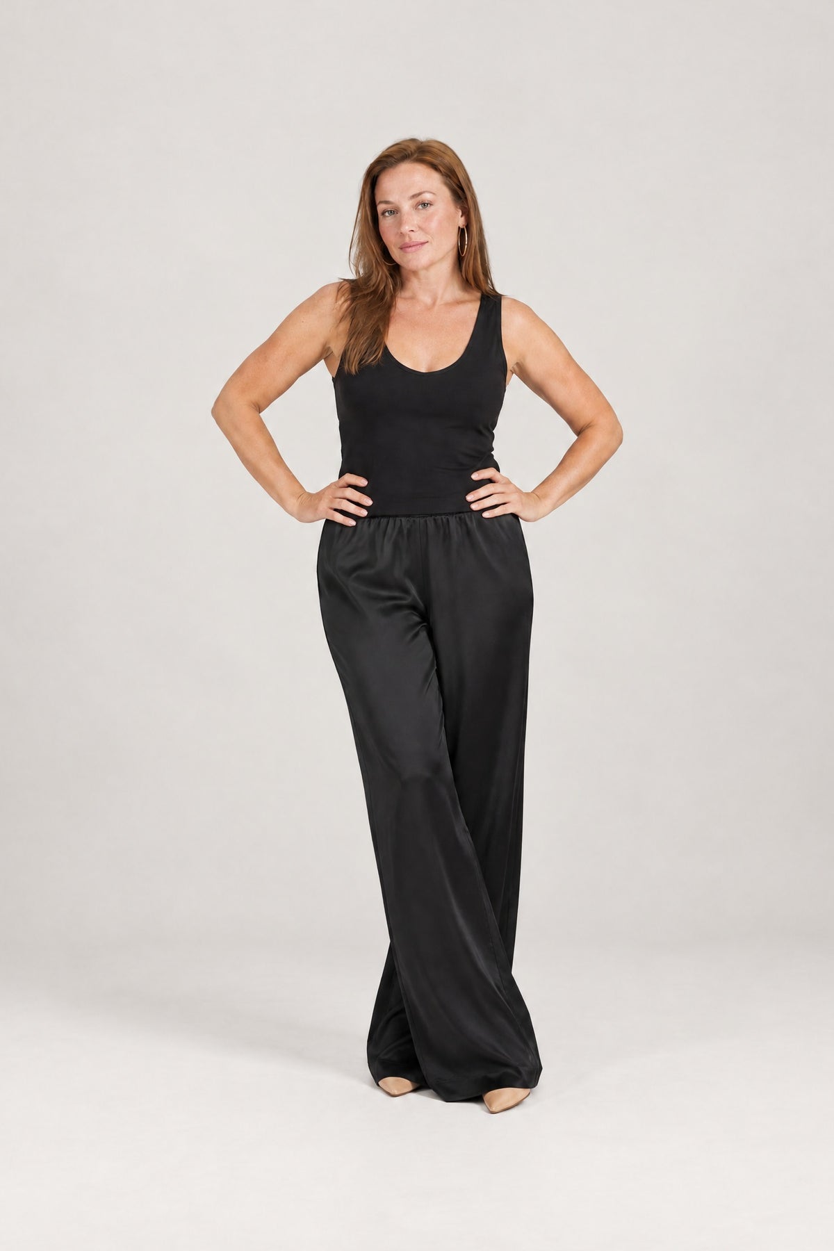 Satin Wide-Leg Pant in Black, front
