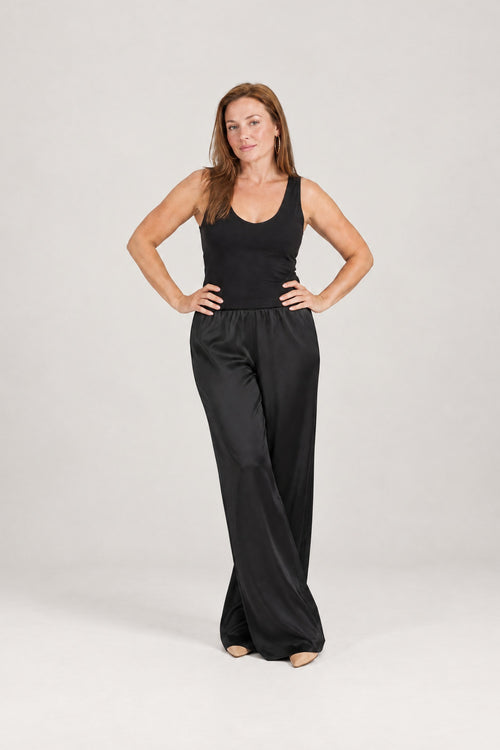 Satin Wide-Leg Pant in Black, front