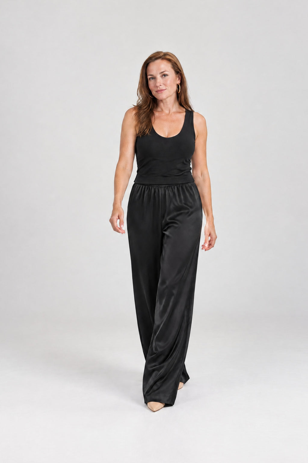 Satin Wide-Leg Pant in Black, walking