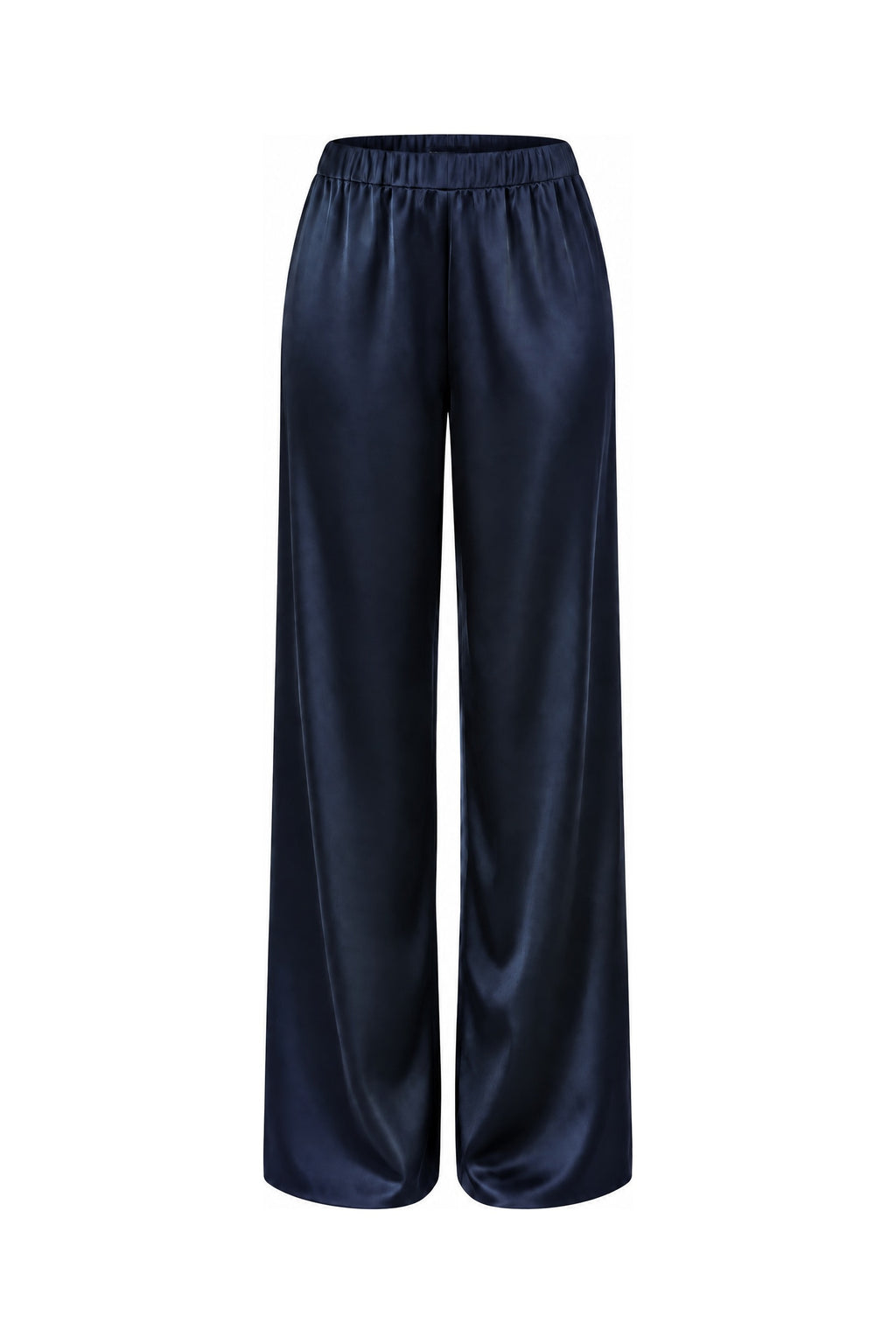 Satin Wide-Leg Pant in Navy, laid flat