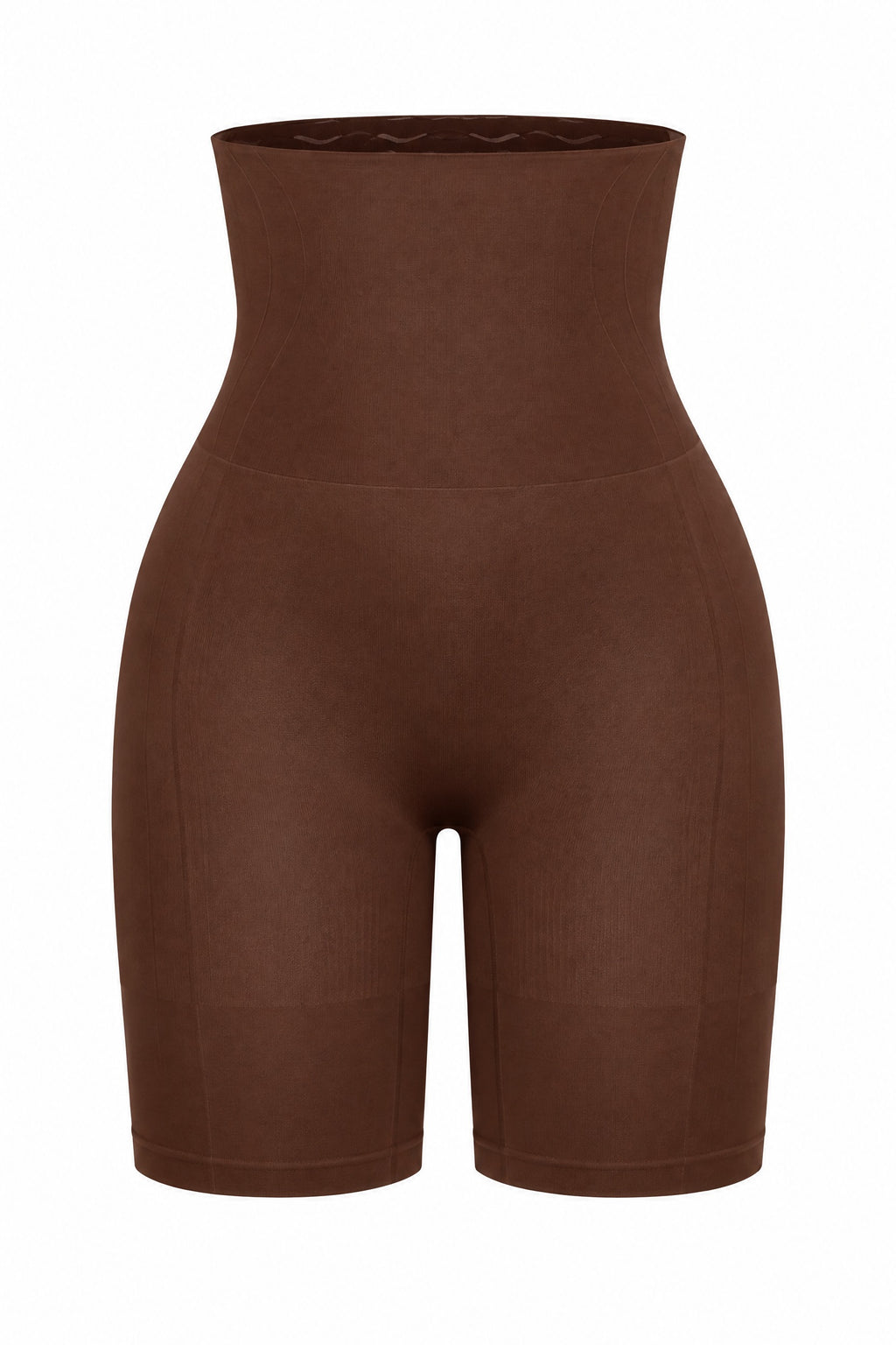 Seamless High-Waist Shaping Shorts in Brown, laid flat