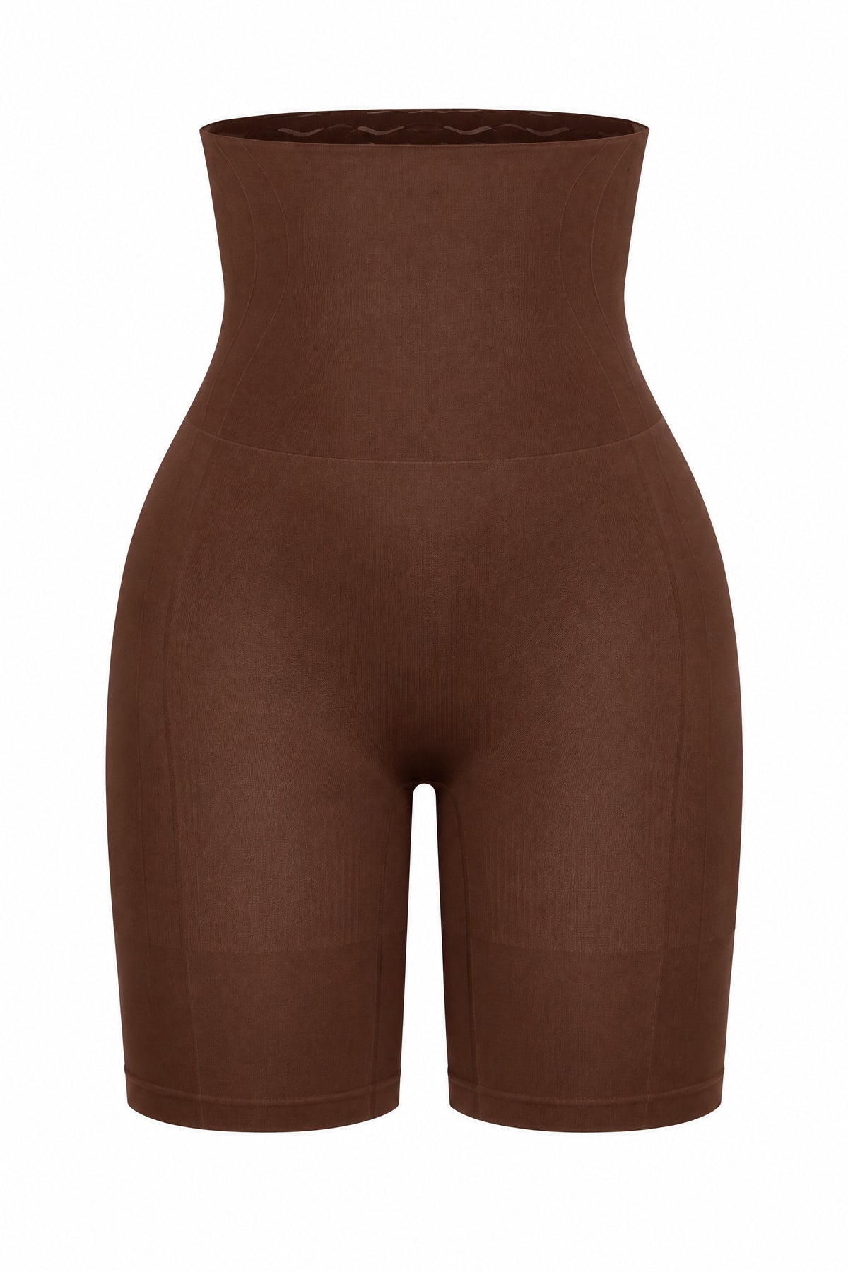 Seamless High-Waist Shaping Shorts in Brown, laid flat
