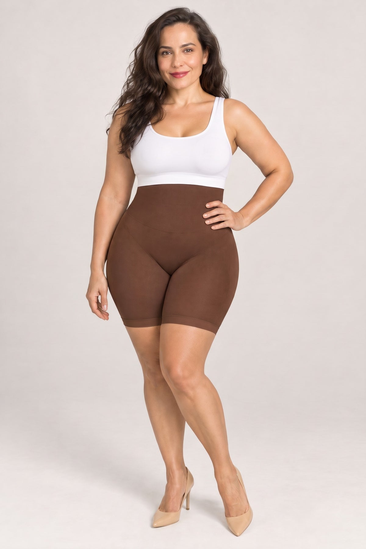 Seamless High-Waist Shaping Shorts in Brown, three-quarter front, worn with a white top