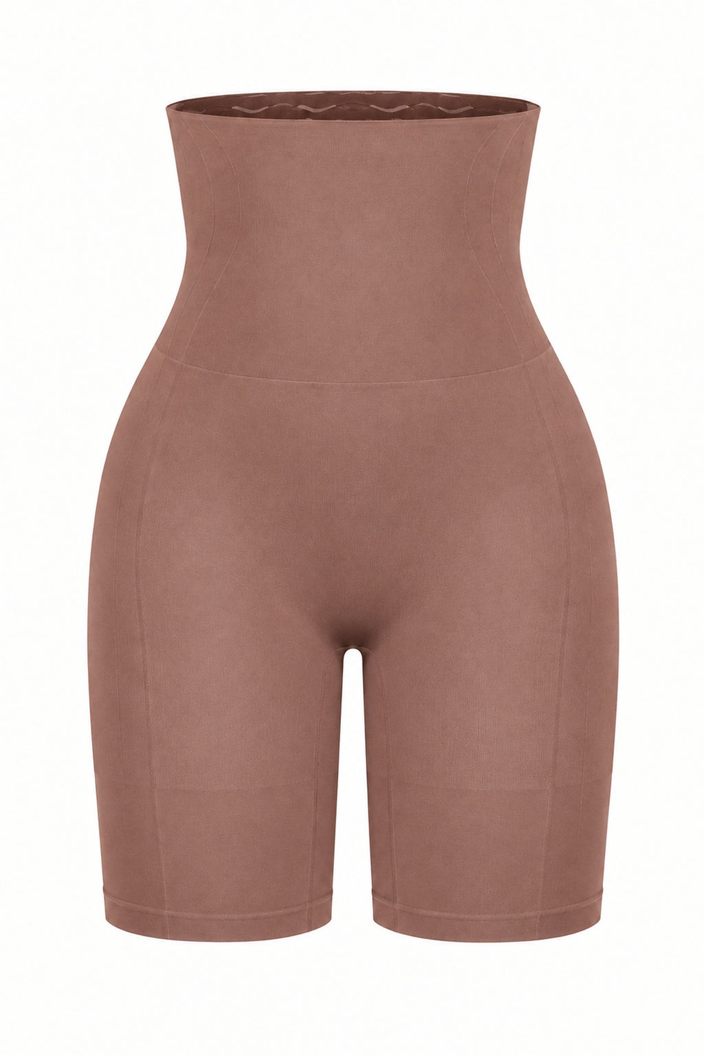 Seamless High-Waist Shaping Shorts in Latte, laid flat