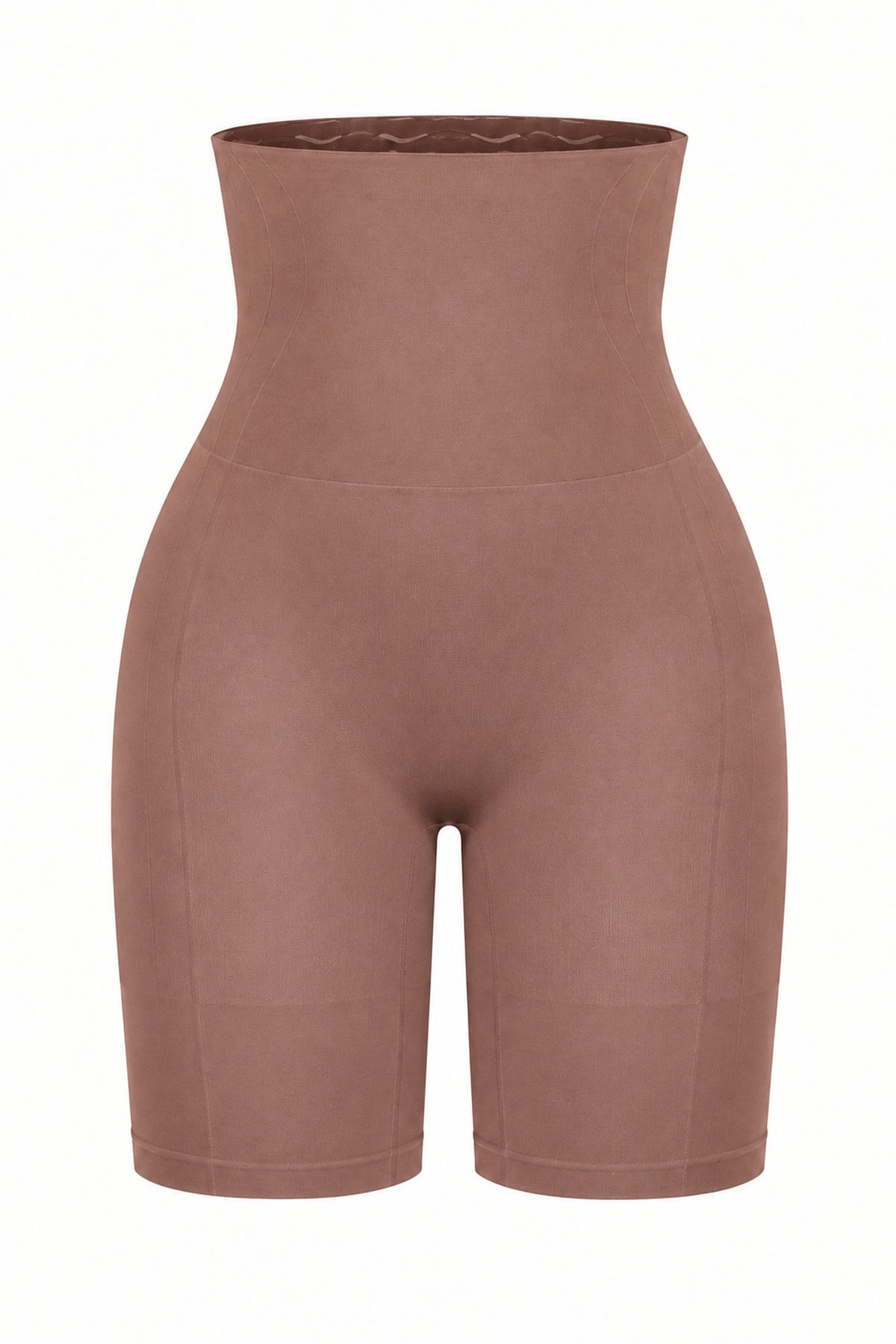 Seamless High-Waist Shaping Shorts in Latte, laid flat