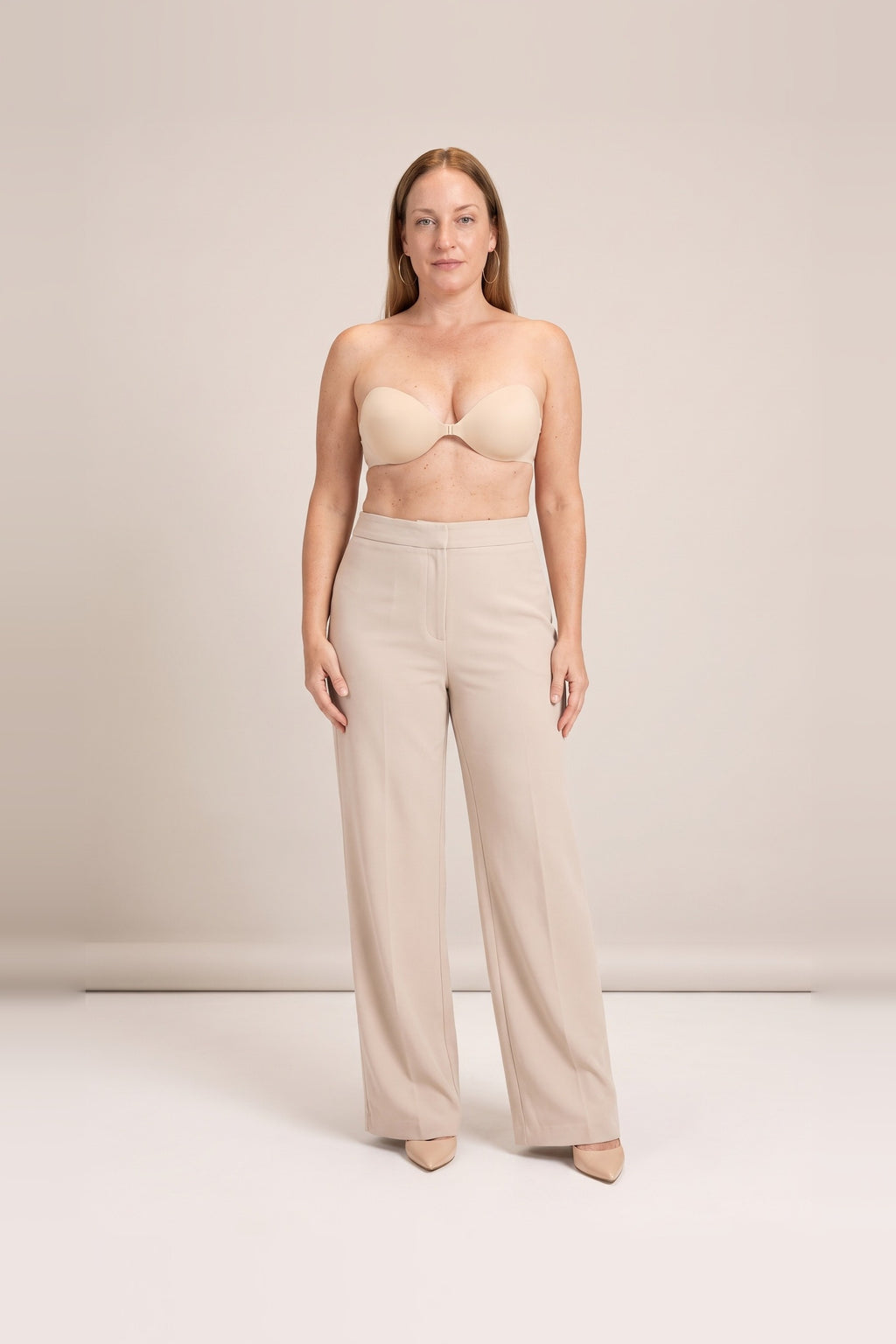 Sticky Push-Up Bra in Light, worn with wide-leg trousers, front