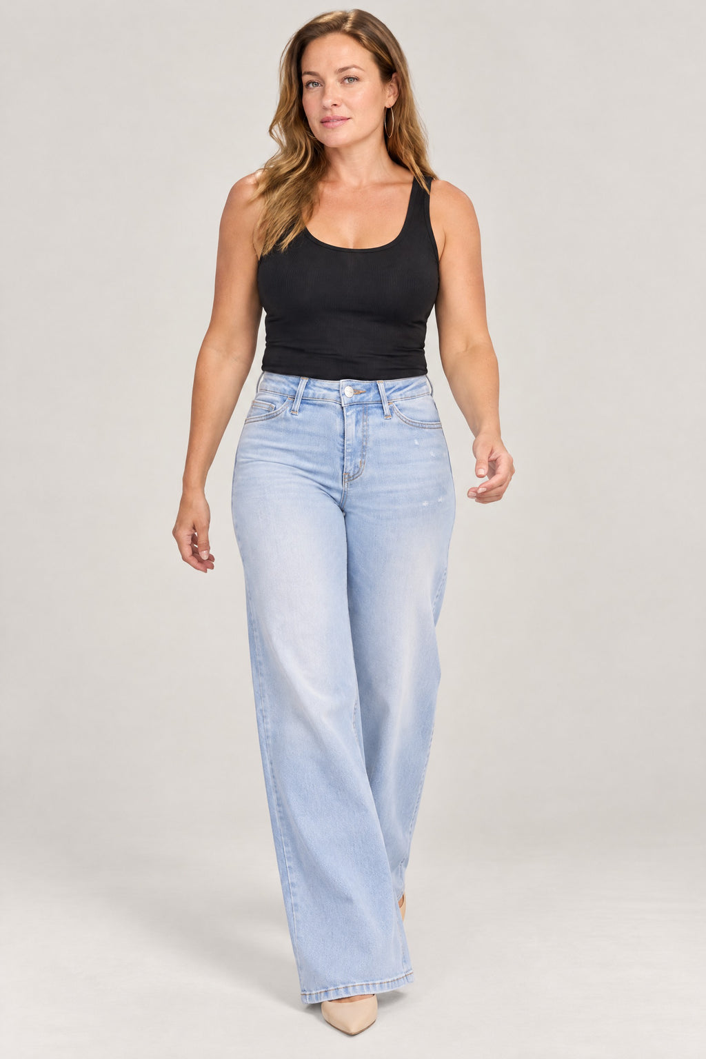 Stretch Wide-Leg Jeans in Light Blue, walking