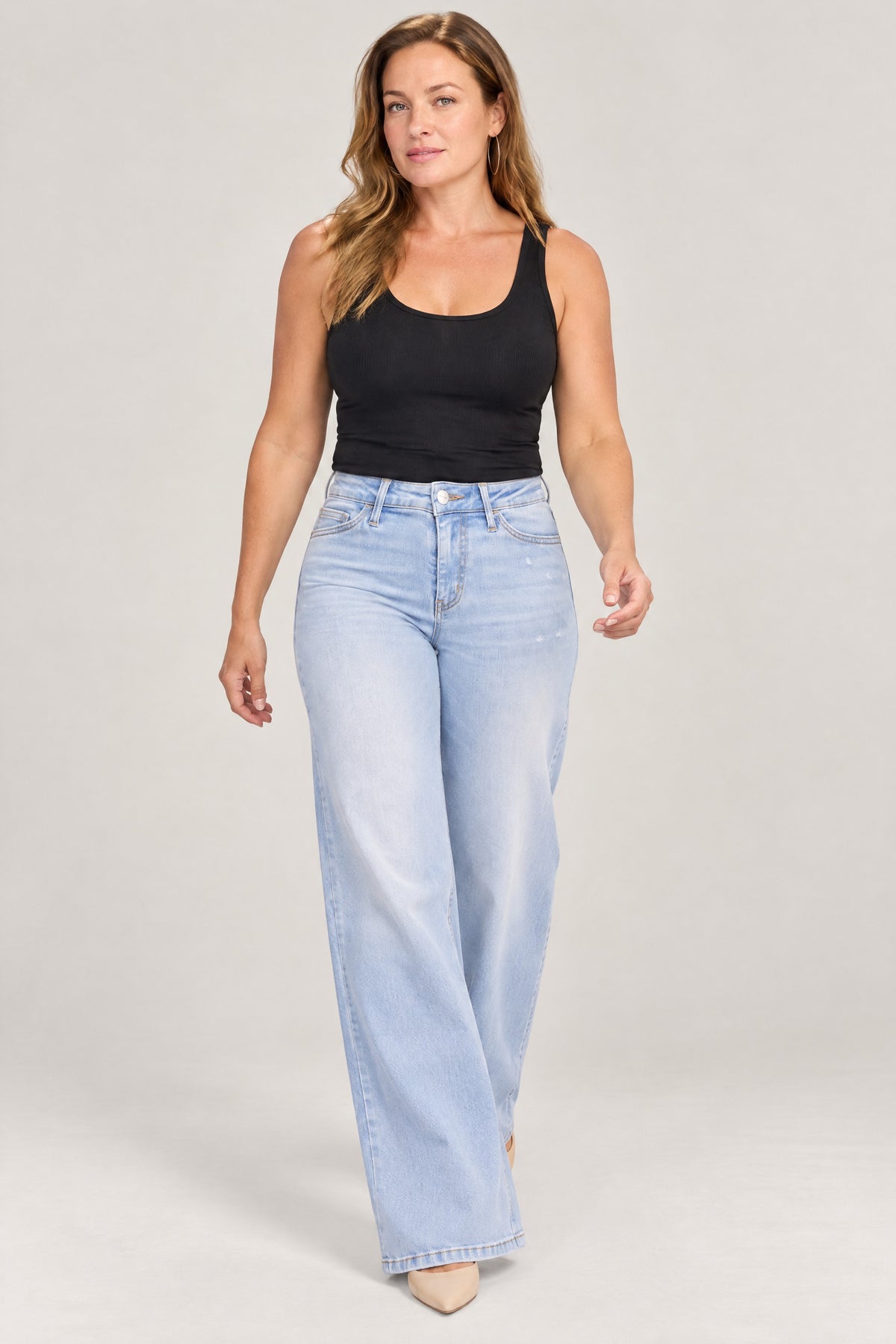 Stretch Wide-Leg Jeans in Light Blue, walking