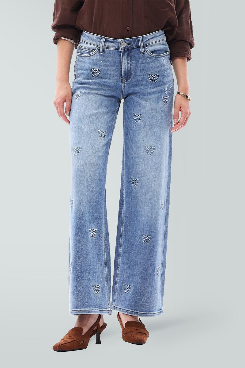 Stretch Wide-Leg Jeans in Mid Blue-Butterfly