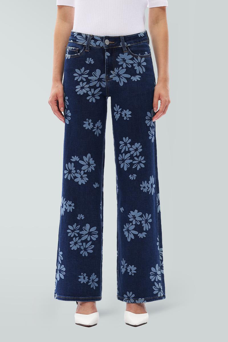 Stretch Wide-Leg Jeans in Dark Blue-Floral Print