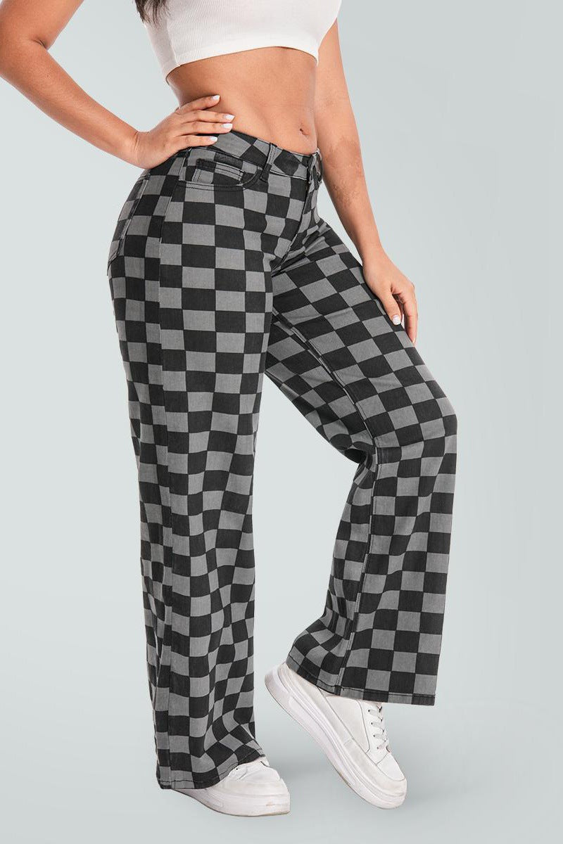 Stretch Wide-Leg Jeans in Black & Gray Plaid, front