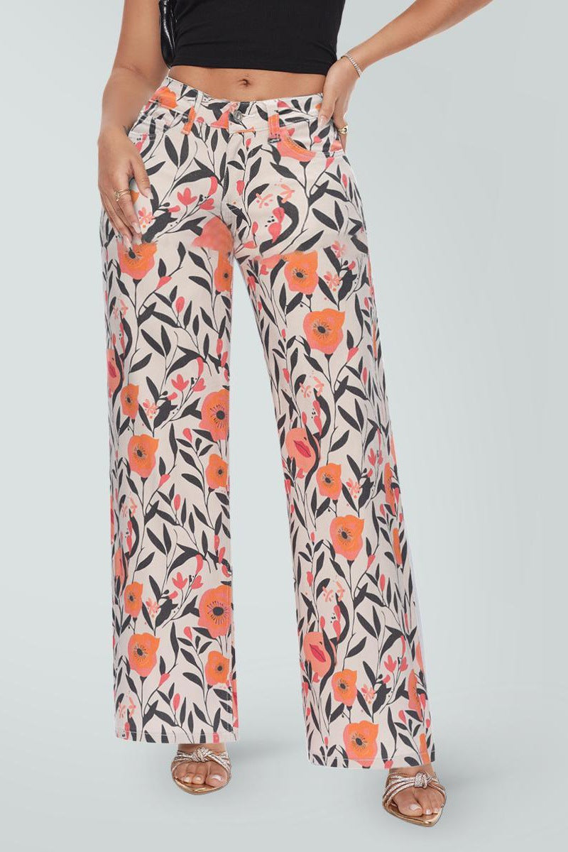 Stretch Wide-Leg Jeans in Floral Beige, front
