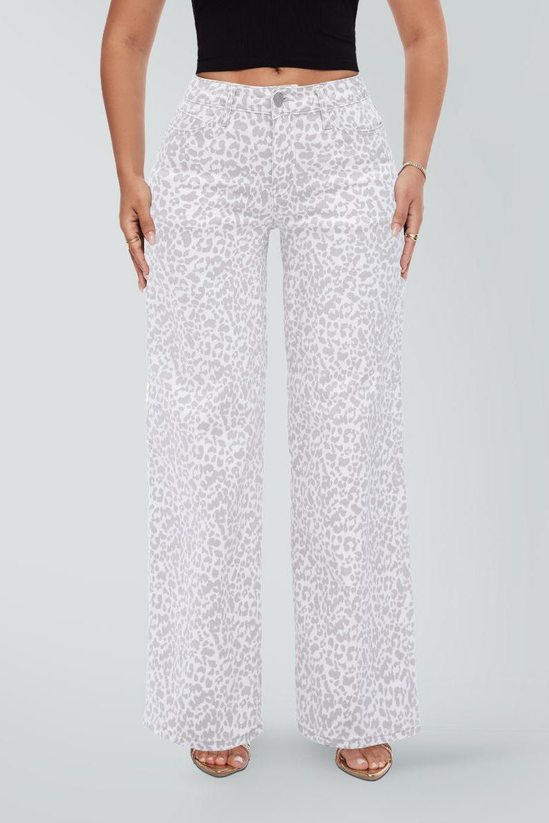 Stretch Wide-Leg Jeans in Leopard Print, front