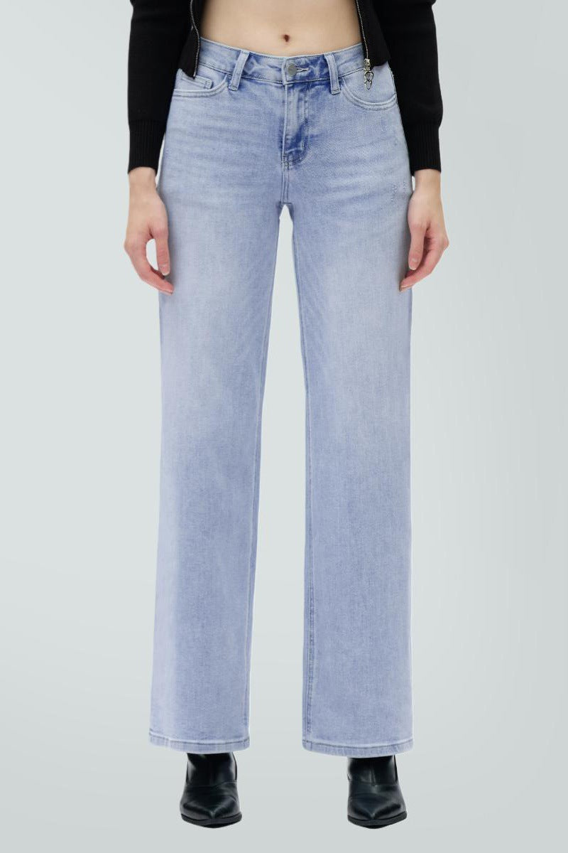 Stretch Wide-Leg Jeans in Light Blue-Baby Blue Bow, front
