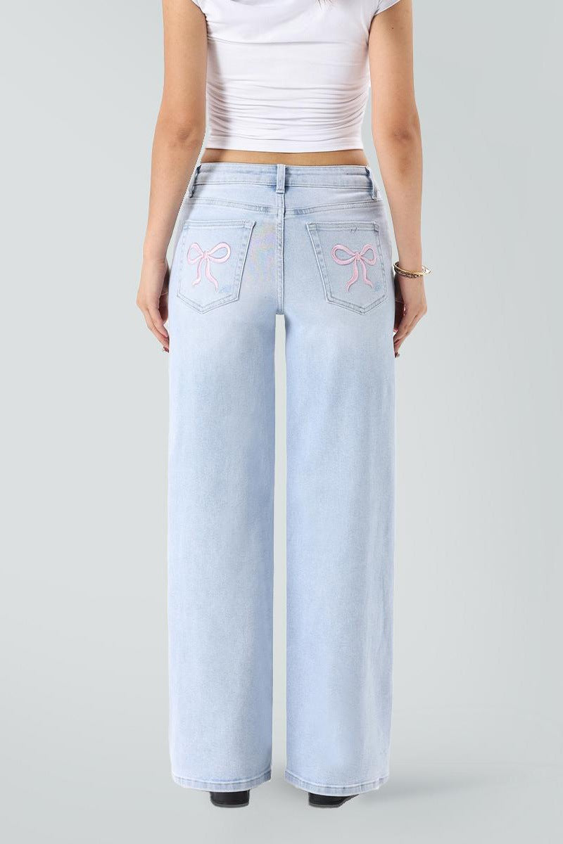 Stretch Wide-Leg Jeans in Light Blue-Pink Bow, back