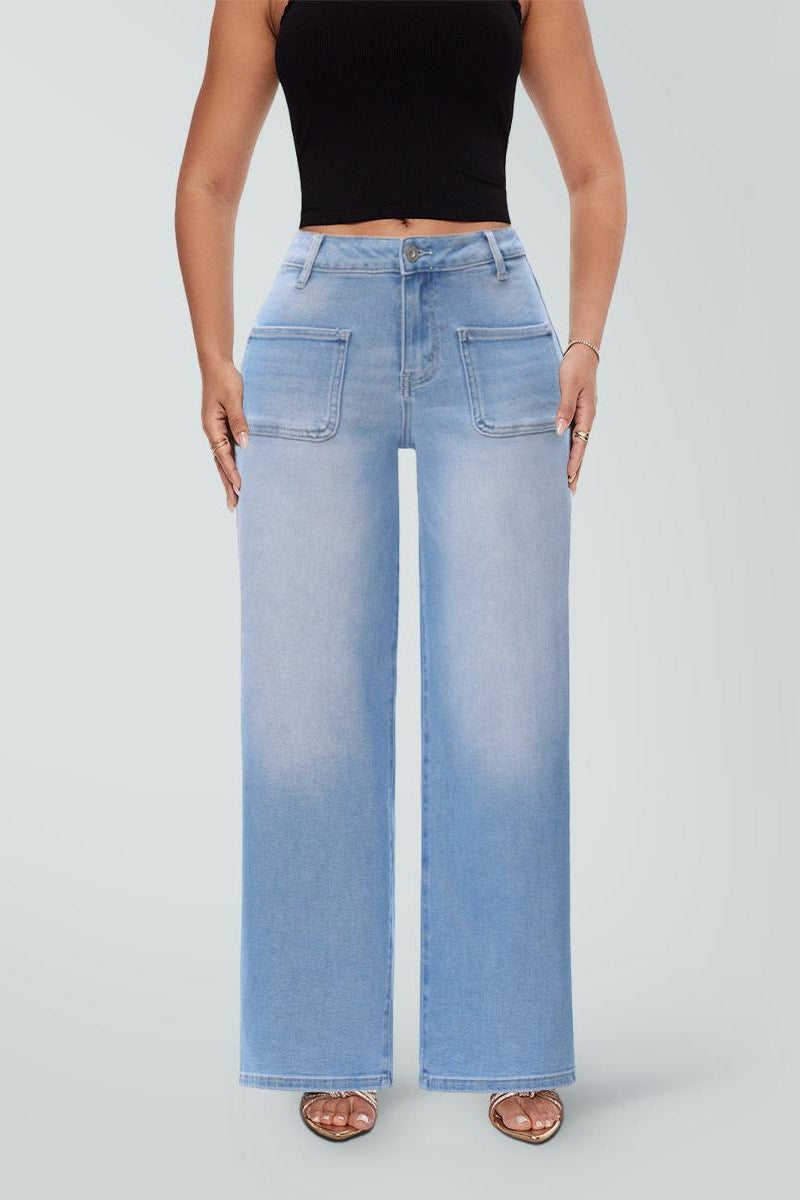 Stretch Wide-Leg Jeans in Mid Blue-Patch Pockets, front