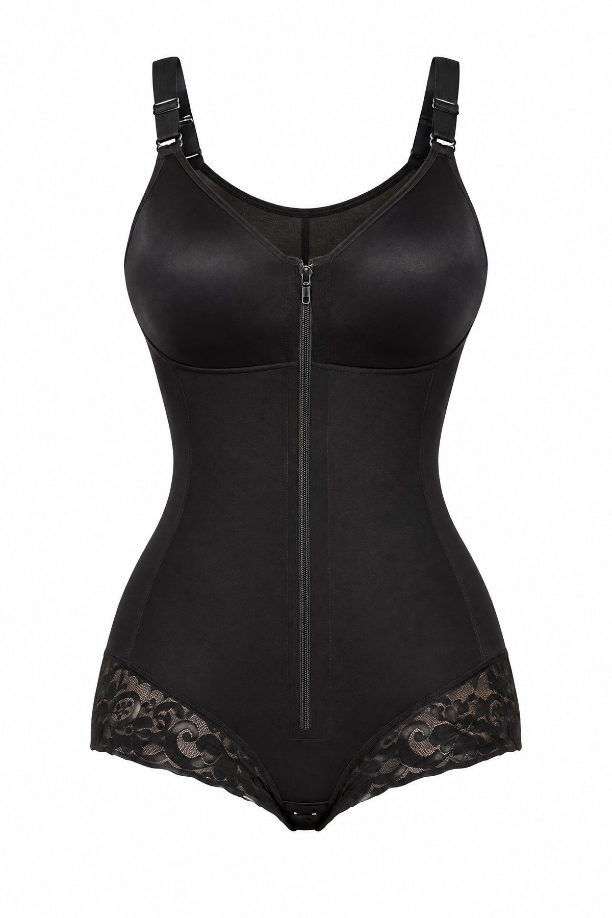 Zip-Front Faja Bodysuit in Black, laid flat