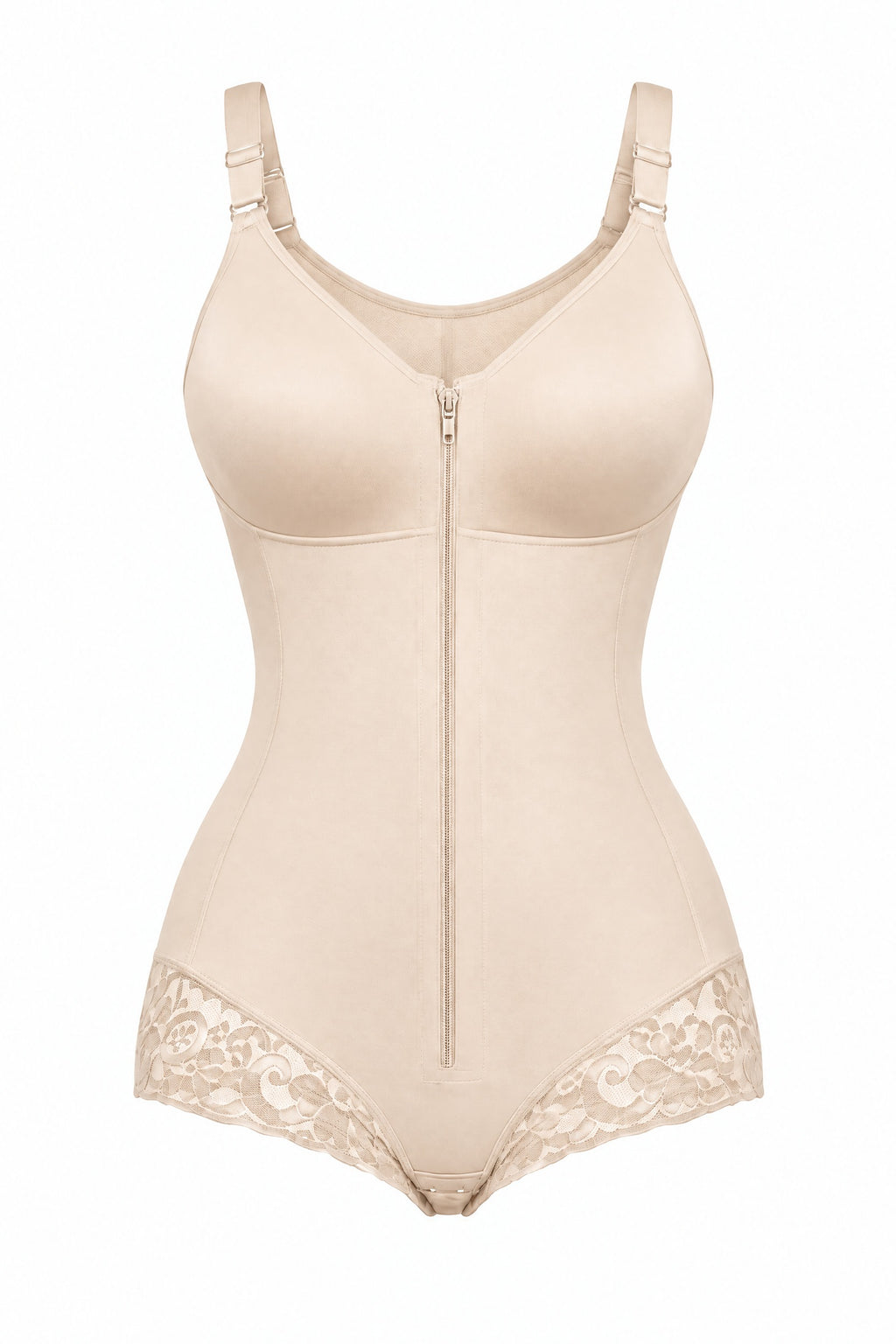 Zip-Front Faja Bodysuit in Beige, laid flat