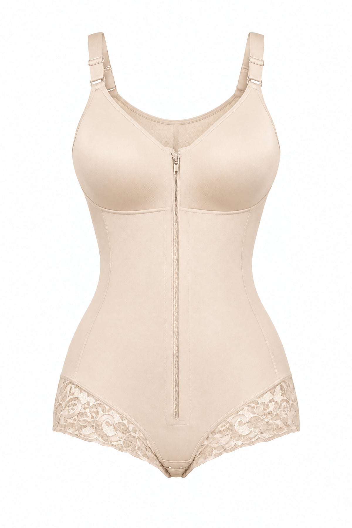 Zip-Front Faja Bodysuit in Beige, laid flat