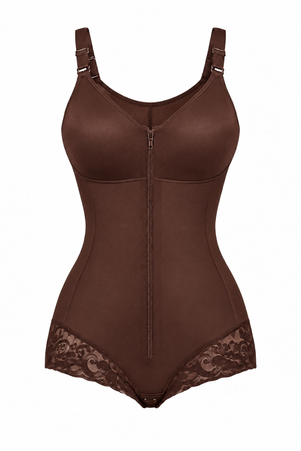 Zip-Front Faja Bodysuit in Brown, laid flat
