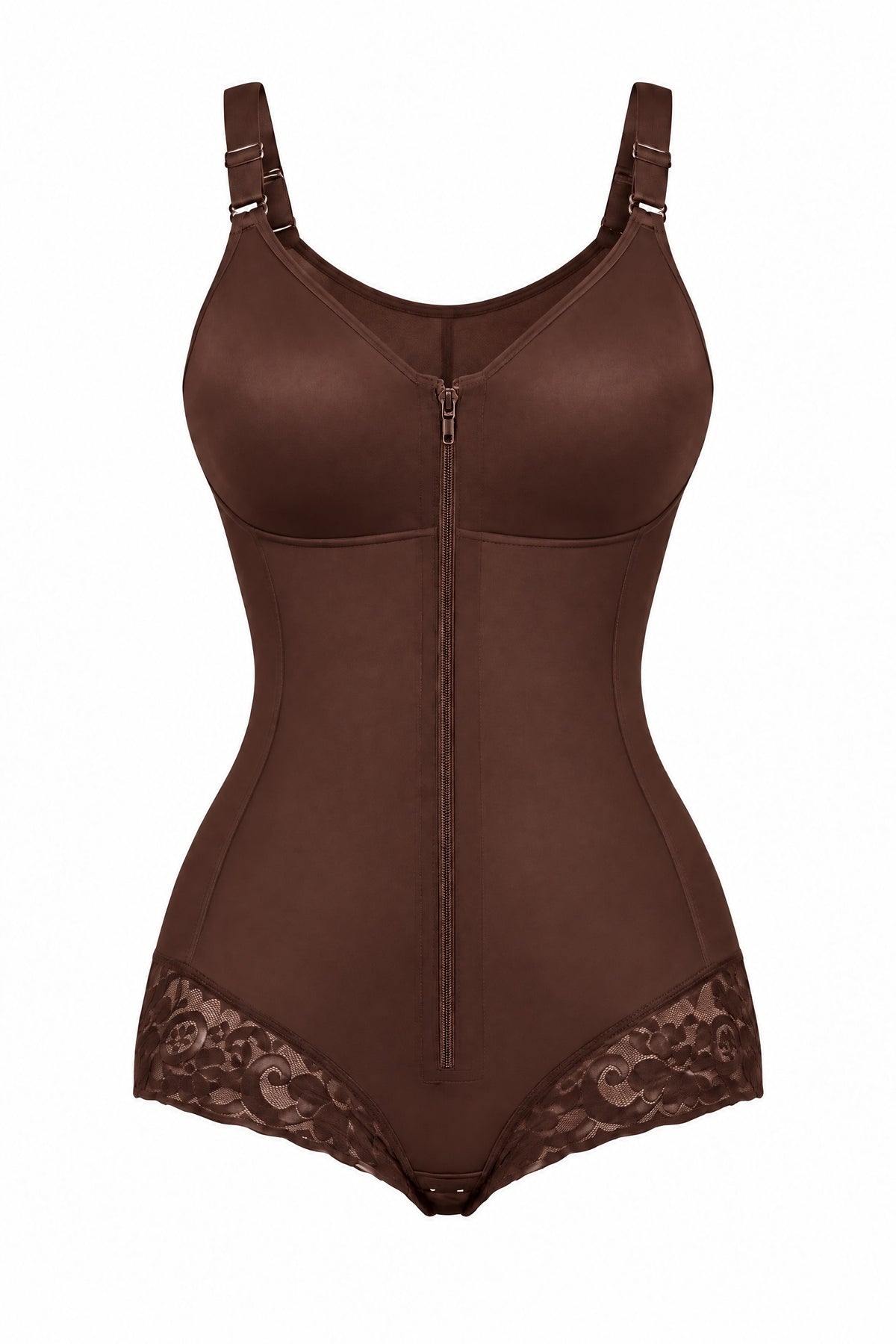 Zip-Front Faja Bodysuit in Brown, laid flat